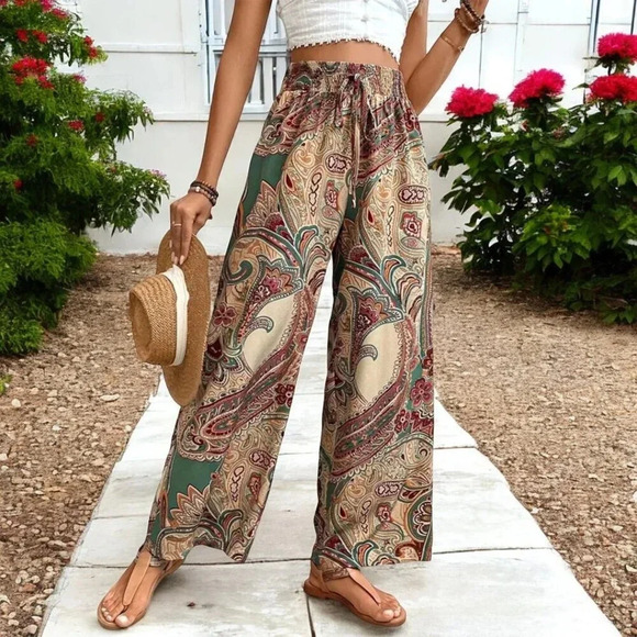 🆕️XL Boho Bliss 🌸✨ - Trendy Paisley Wide-Leg Pants with Tassel Tie and Pockets - Picture 10 of 12